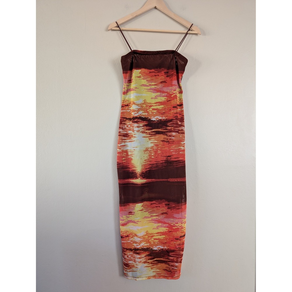 Forever 21 Sunset Mesh Maxi Dress Abstract Bodycon Sz S Fairy Grunge Whimsigoth